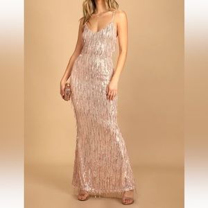 Endless Festivities Rose Gold Sequin Fringe Lace-Up Maxi Dress